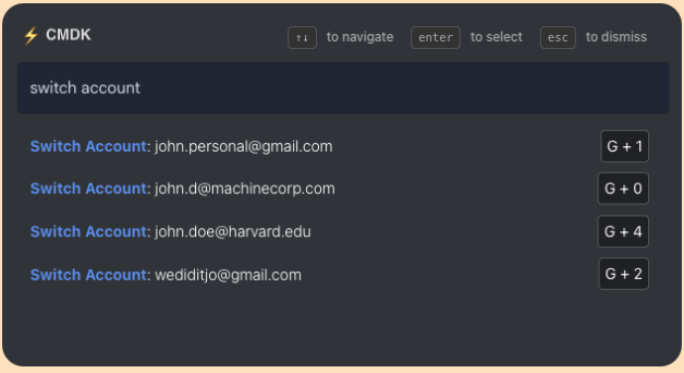 CMDK switch between Gmail accounts with keyboard shortcut