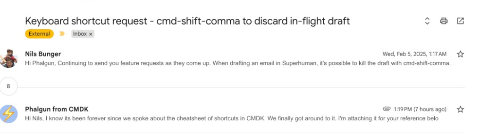 How to Turn Off Gemini in Gmail (What Works in 2026) The same Gmail conversation with the AI Overview hidden by CMDK