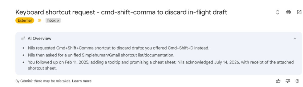 How to Turn Off Gemini in Gmail (What Works in 2026) Gmail AI Overview card inserted above the email conversation