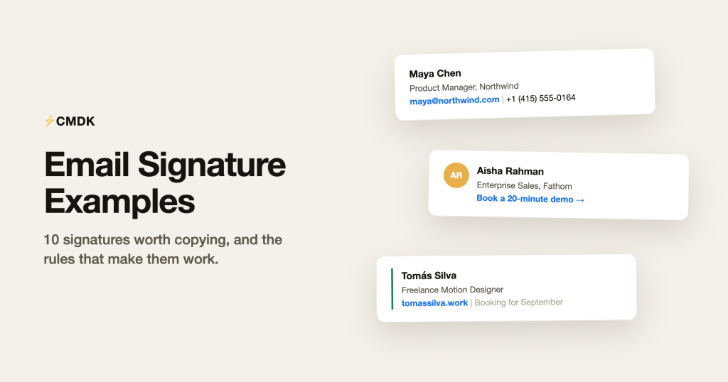 Three email signature examples: minimalist, sales, and freelancer