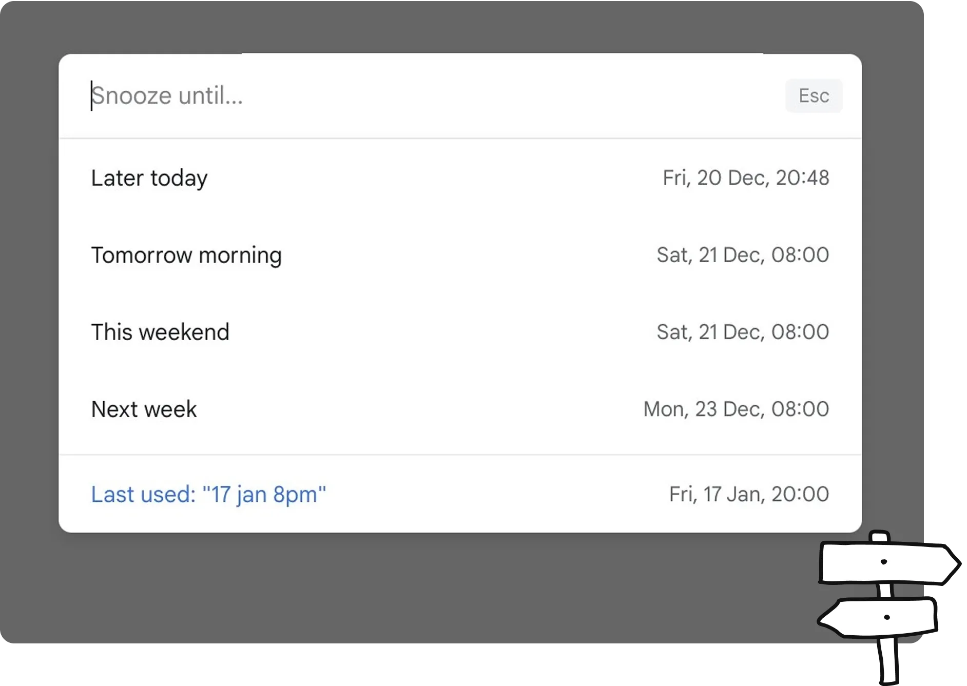 Home CMDK snooze menu in Gmail with natural language times like later today, tomorrow morning, and next week