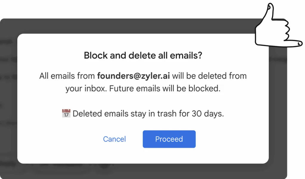 Home CMDK block sender dialog in Gmail confirming block and delete all emails from a sender