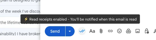 Home Gmail compose toolbar showing CMDK read receipts enabled notification