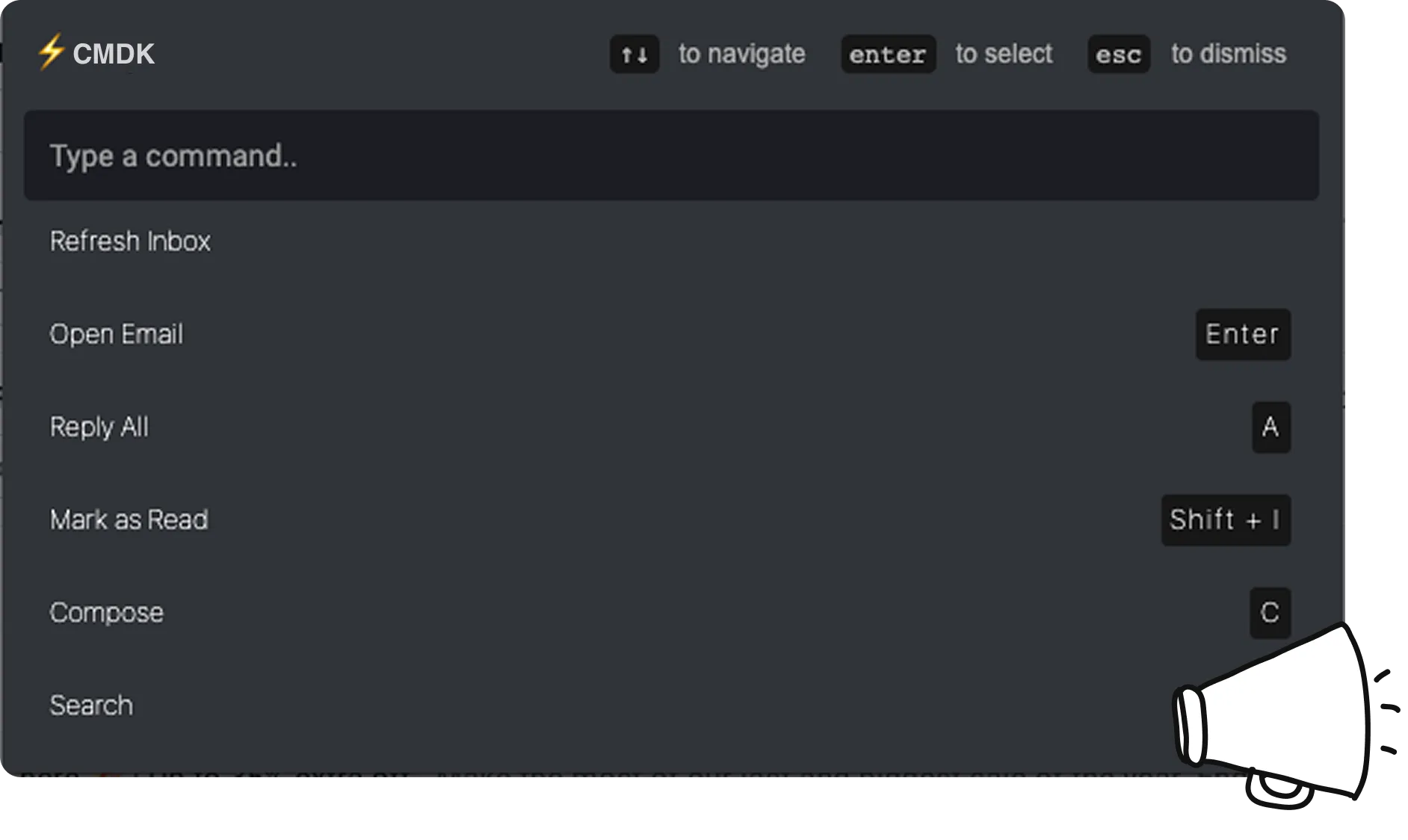 Home CMDK command bar in Gmail listing actions like reply all, mark as read, and compose with their keyboard shortcuts