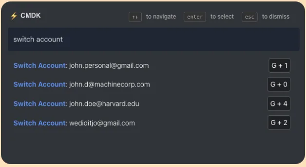 Home CMDK switch account command in Gmail with G plus number shortcuts for each account
