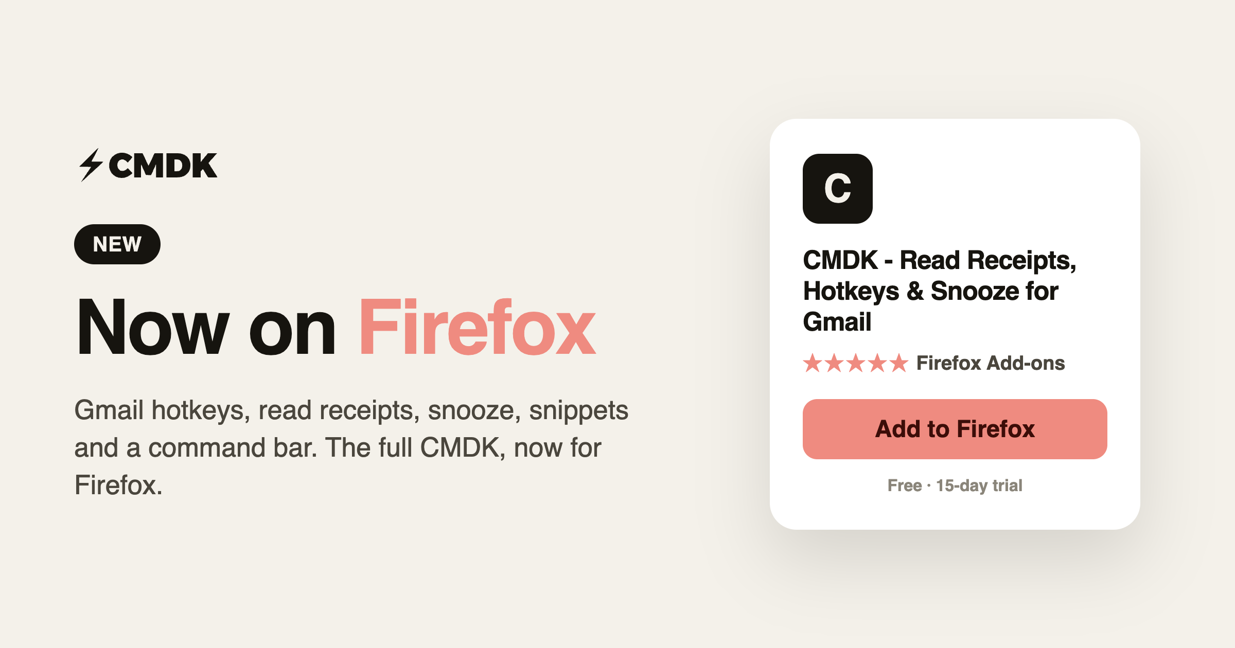 CMDK is now on Firefox: Gmail hotkeys, read receipts, snooze and a command bar