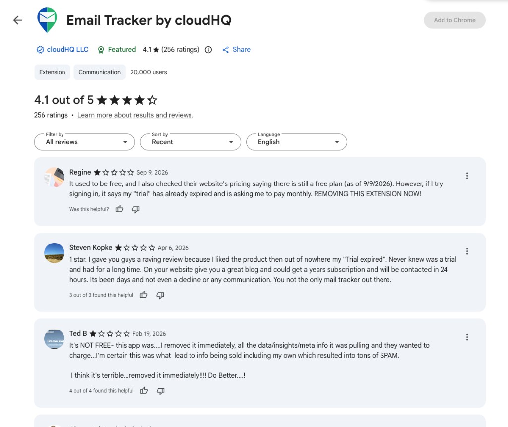 Chrome Web Store reviews where cloudHQ Email Tracker users report a surprise trial expiration and a sudden paywall after years of free use
