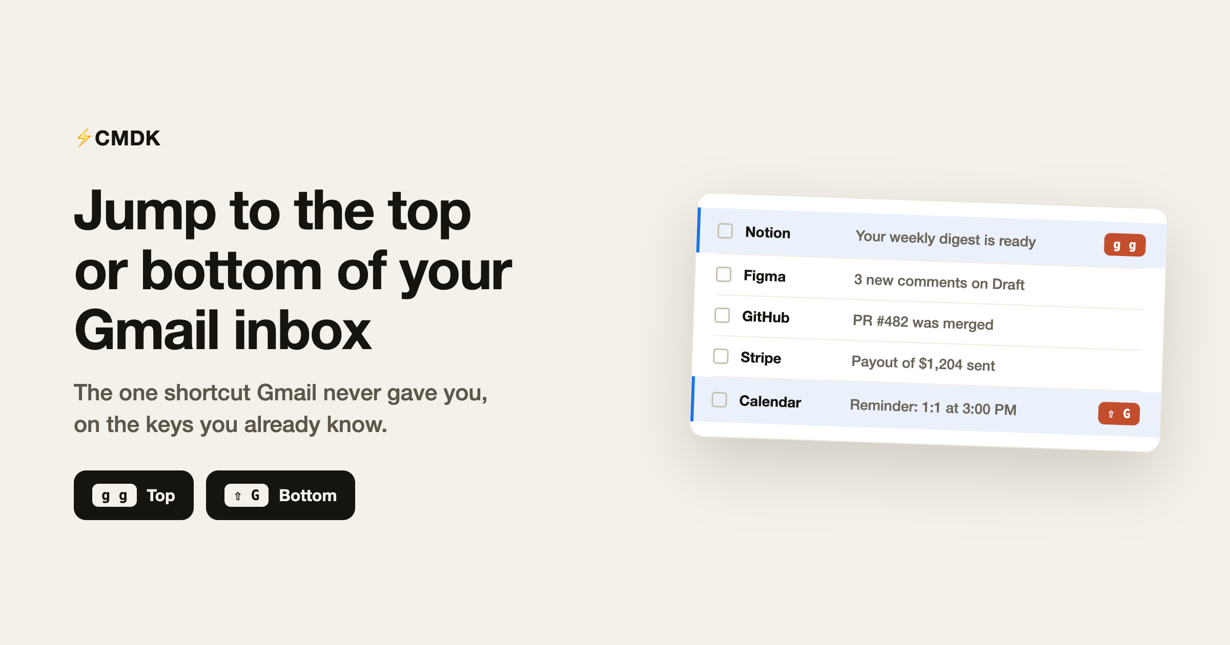 Gmail inbox with the first and last email highlighted, labelled g g and Shift G