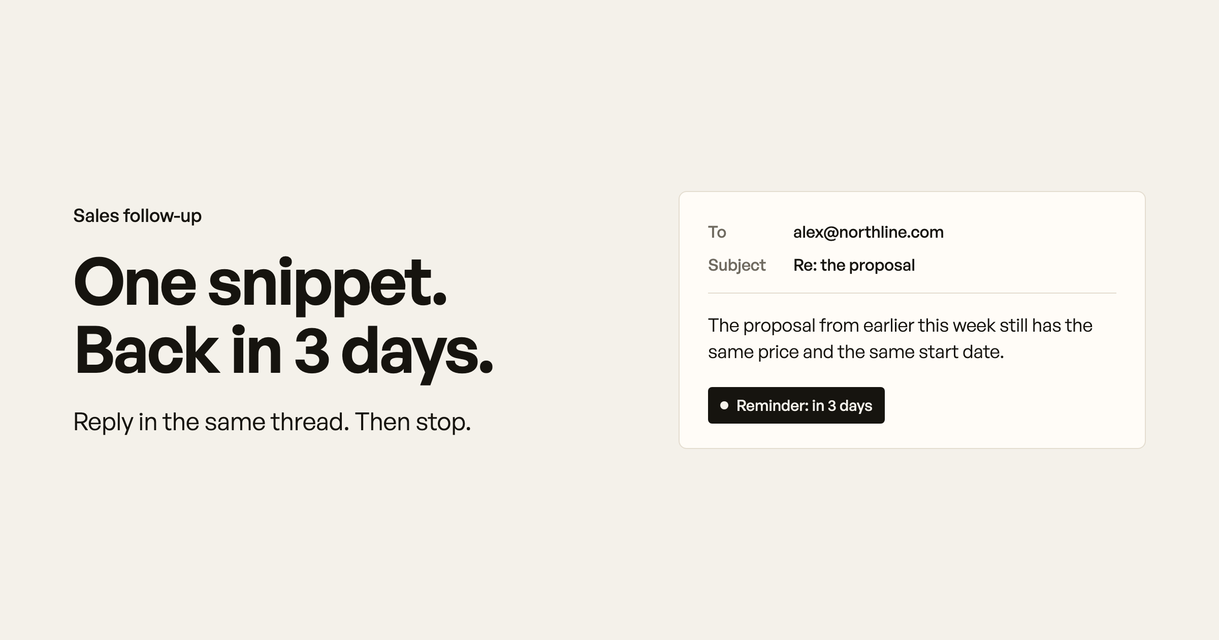 Gmail reply with a sales follow-up snippet and a reminder set for 3 days
