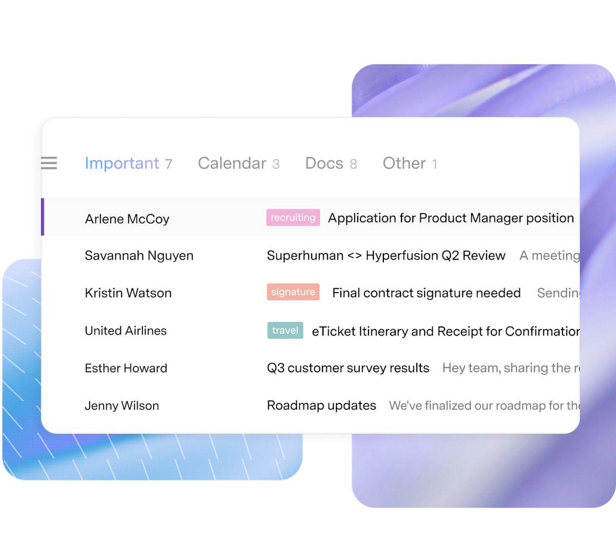 Superhuman Split Inbox separating Important, Calendar, Docs and Other