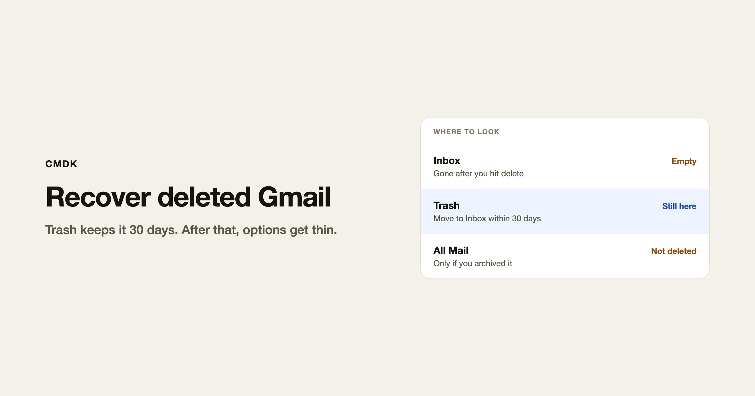 Recover deleted emails in Gmail from Trash within 30 days